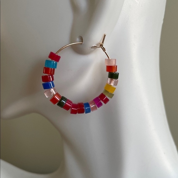Hand Crafted Jewelry - SOLD!! HAND CRAFTED MULTICOLOR GLASS HEISHI BEAD HOOP EARRINGS Vibrant Bohemian